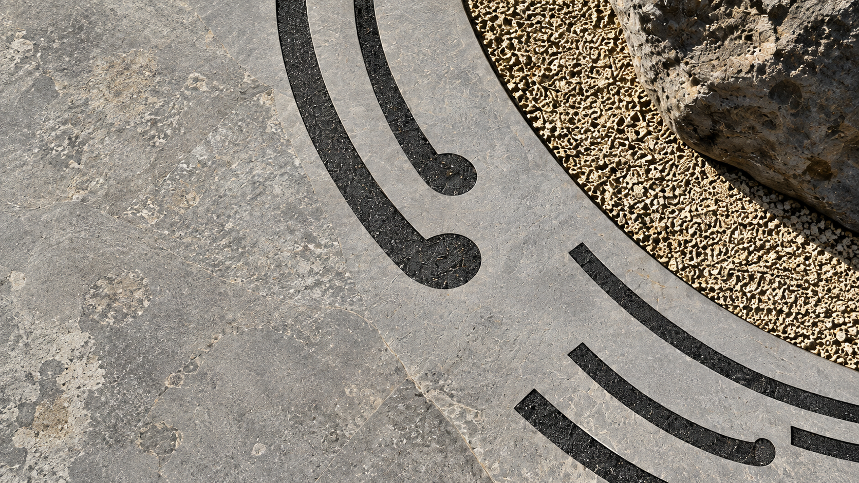 Aerial detail of a carved koru-spiral ground-plate